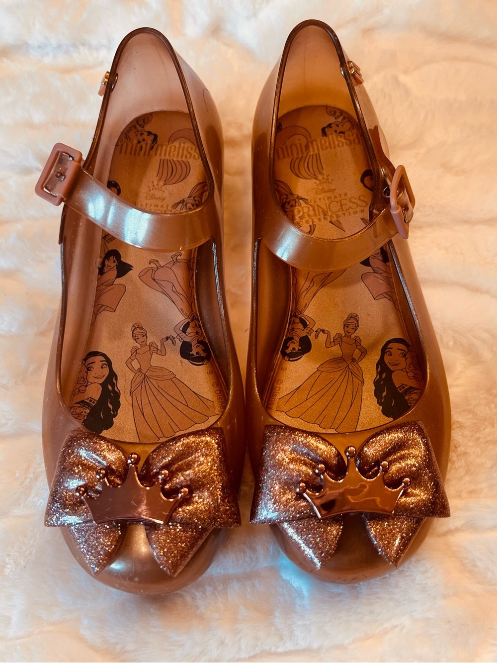 Mini Melissa Metallic Rose Gold Mary Jane Flats with Glitter Bow